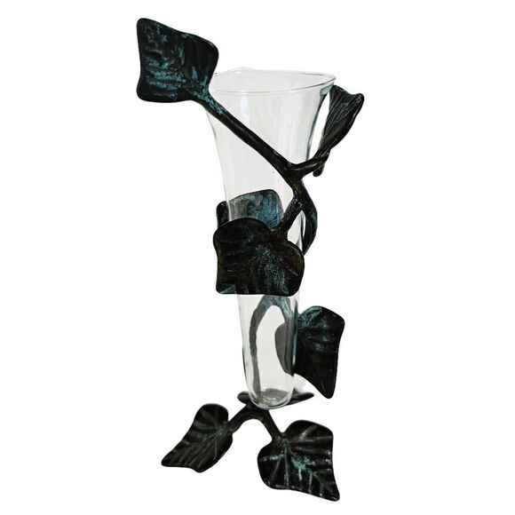 Vintage New Concepts Vase Cast Iron Tree Leaves Wrapped Around Glass Sculpture - Picture 1 of 8